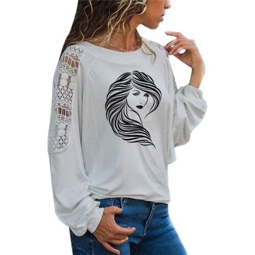 Sexy Girl Hair Beauty Salon Women T-shirts Long Sleeve tee shirt femme Female T shirt women Loose Lace Tee