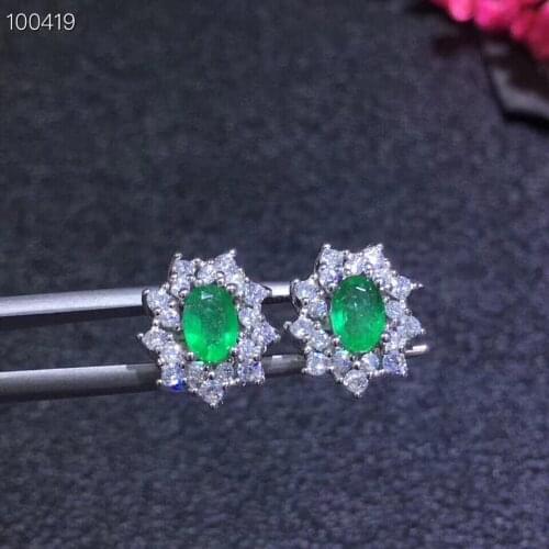 Emerald earring Free shipping Natural real emerald 925 sterling silver earrings 4*6mm 2pcs
