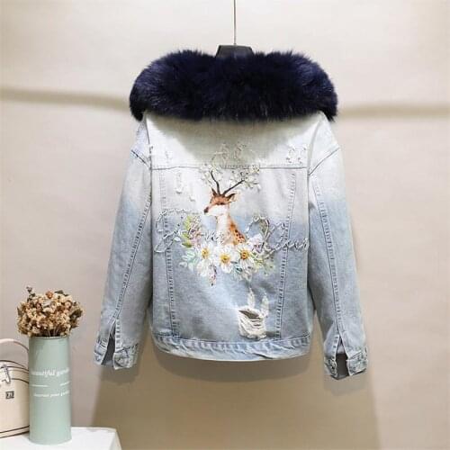 Spring Fashion Gradient Color Denim Jacket Women Hole Embroidery Plus Velvet Loose Fox Fur Collar Parka Winter Cotton Coat