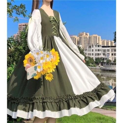 Kawaii Japanese Sweet Soft Girl Green Lolita Dress Sailor Collar Contrast Cross Bandage Bow Cute Ruffles Lantern Sleeve Dresses