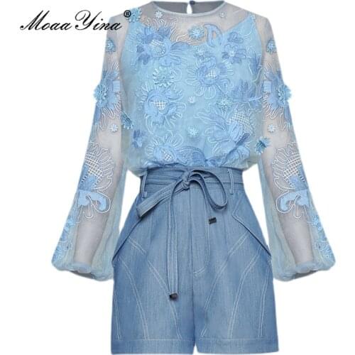 MoaaYina 2021 Fashion Designer Summer Shorts Suit Women O-neck Organza Embroidered Tops and Blue Denim Shorts Two Pieces Set