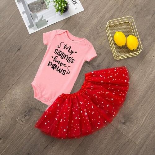 My Sibling Has Paws Infant Girls Funny FashionRompers Tutu Skirts 2pcs Clothing Sets Short Sleeve Toddler Girl Suits