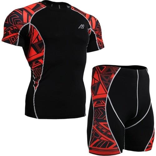 Life on track Mens Sportswear Sport Suit Shirt&Shorts Set Skin Tight Workout Cycling Clothing Sport Wear