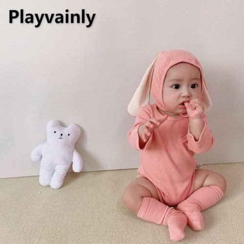 2021 New Autumn Baby Boys Girls Bodysuit Pink Khaki Waffle Long Sleeves Round Collar +Cap+Socks Jumpsuit Newborn Clothes E2980