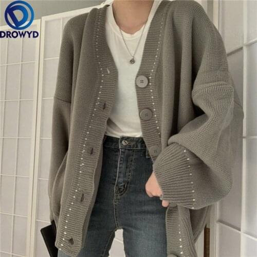 2021 Autumn and Winter Clothing New Single-breasted Loose Long-sleeved Cardigan Jacket Knitted Sweater Women V-neck Gray Sweater