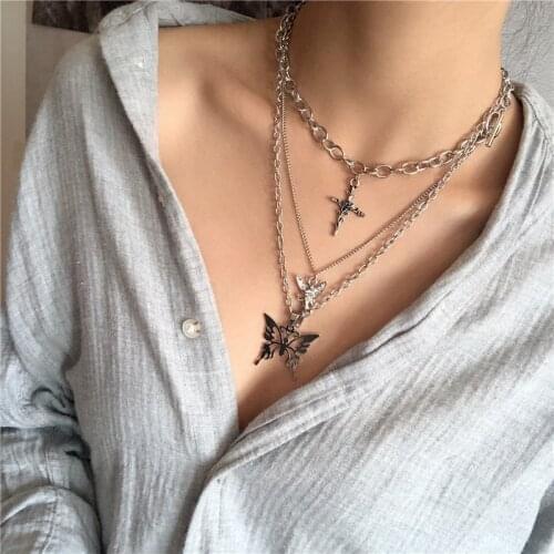 3 Pcs/Set Personality Butterfly Angel Cross Pendant Necklace for Women Multilayer Necklace Set Jewelry Accessories