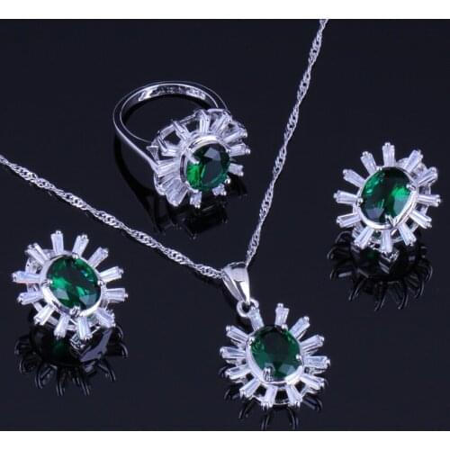 Exclusive Green Cubic Zirconia White CZ Silver Plated Jewelry Sets Earrings Pendant Chain Ring V0244
