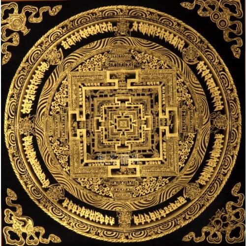 Prajna Lama beads pure hand-painted Thangka painting Kalachakra Mandala black gold 50*50