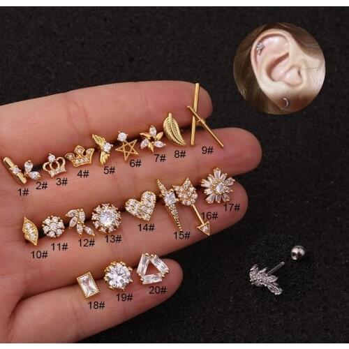Thread Crown Ear Bone Stud Stainless Steel Crystal Leaf Arrow Heart Shape Ear Stud Earings Body Piercing Jewelry