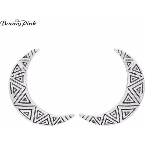 Banny Pink Vintage Alloy Moon Crescent Studs Earrings For Women National Element Pattern Geometric Post Earrings Brief Earrings