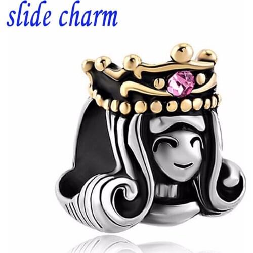 Slide charm Free shipping Mothers Day wearing gilded mosaic pink Rhinestone crown princess hair fashion fit Pandora bracelet