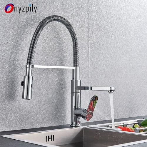 Kitchen Faucet Chrome Pull Down Deck Mounted 2 Swivel Spout Hot and Cold Kitchen Sink Tap with Stream Spray Kitchen Shower Head