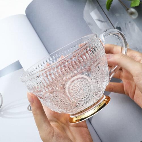 Retro Embossed Phnom Penh Glass Cup Round Sun Flower Water Cup High-end Restaurant Cold Drink Cup Juice Cup European Coffee Mug
