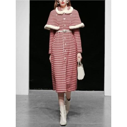 Real Rabbit Fur Splicing Wool Outerwear 2021 New Fashion Removable Cloak Quality Bird Lattice Slim Long Coats Overcoat