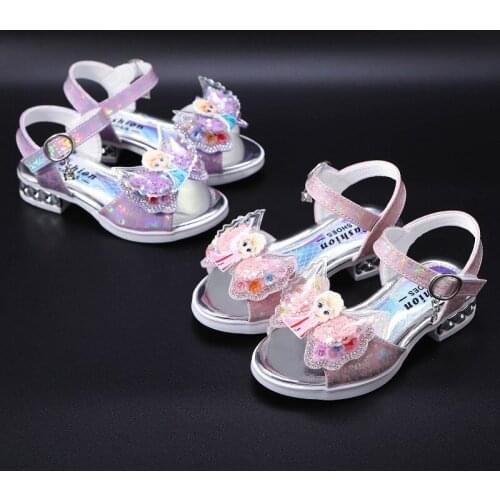 Disney Spring New Childrens High Heels Rhinestone Bow Cute Cartoon frozen Sandals Princess Shoes