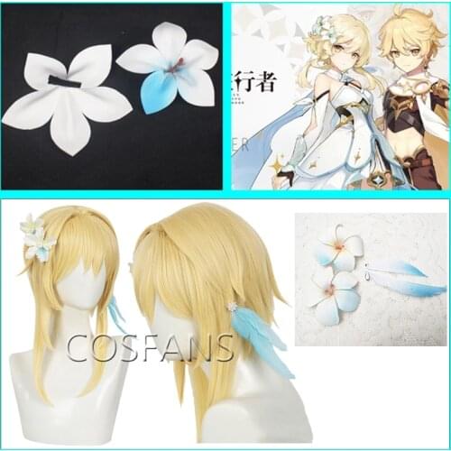 New Game Genshin wig Impact Traveller Lumine Flower Hairpin wig Cosplay Costume Headwear Hair Clip Props Halloween Accessories