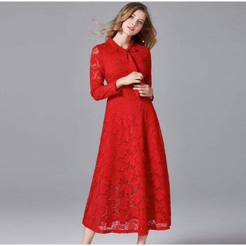 2021 Spring Fall Woman Clothes , Womens Bow Collar Full Sleeve Lace Long Dress , Korean 4xl 5xl Pleated Dresses for Women