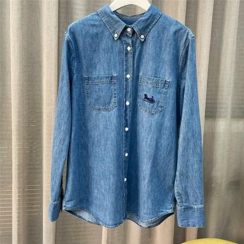 Spring Autumn Clothes Ladies Vintage Jeans Blouse Shirt Women Tops Casual Single Breasted Embroidered Horse Denim Shirts Female
