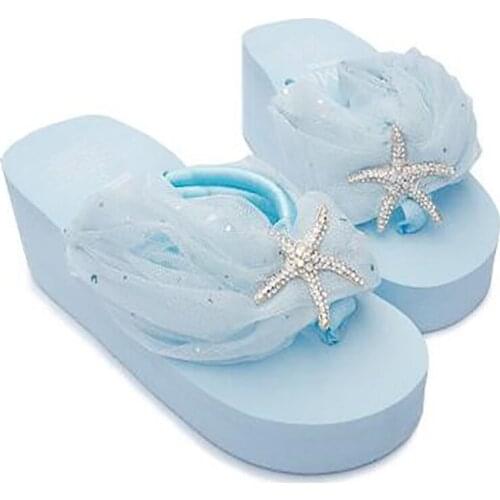 HAHAFLOWER lace slippers women fall crystal starfish beach flip flops woman handmade star platform wedges sandals