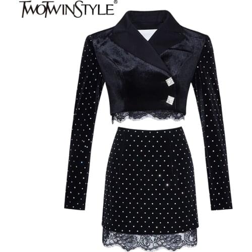 TWOTWINSTYLE Polka Dot Two Piece Set For Women V Neck Long Sleeve Short Tops High Waist Skirt Patchwork Lace Sets Female 2021