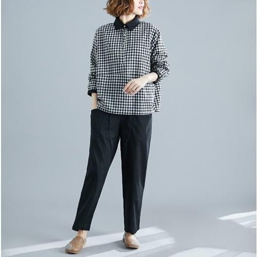 Womens Cotton Linen Plaid Shirt+Harem Pants Sets Autumn Loose Large Size Plaid Shirt Women Casual Harem Pants Two-suit Q198
