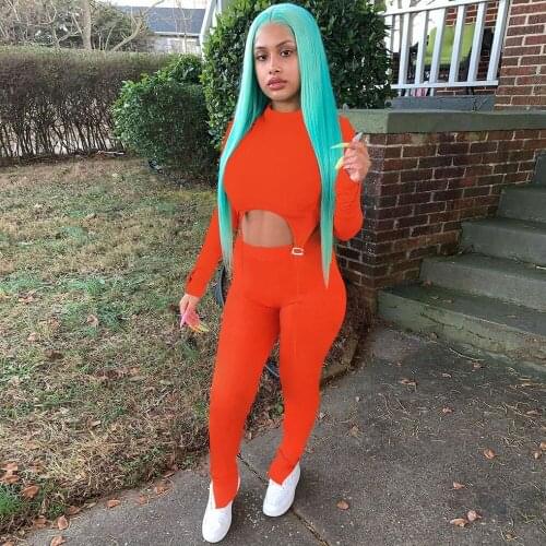 Neon Color Sheath Sexy Two Piece Tracksuit Women 2021 High Neck Long Sleeve Irregular Top+slim Fit Legging Harajuku Clothings