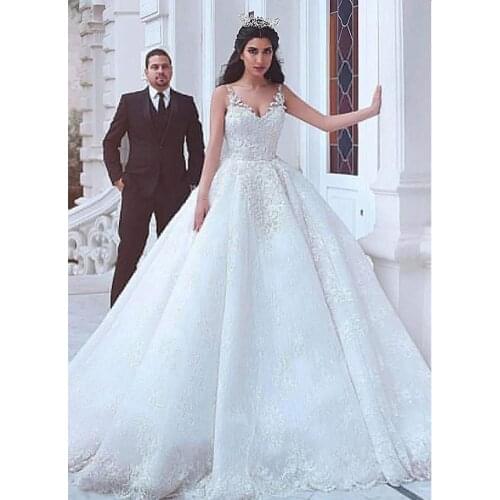 Sexy Spaghetti Strap Princess Wedding Dress V Neck Vestidos De Novia 2019 Luxury Applique Tulle Ball Gown Bridal Wedding Gowns