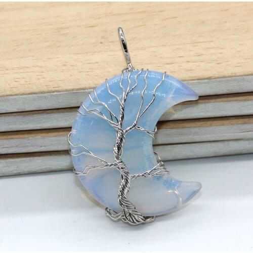 100-Unique 1 Pcs Silver Plated Wire Wrap Half Moon Opalite Opal Pendant Tree of Life Jewelry