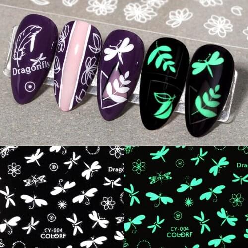 Leaf Design 3D Nail Stickers Glow in Dark Luminous Effect Flower Pattern Nail Art Transfer Sticker Adhensive Decals Decoration