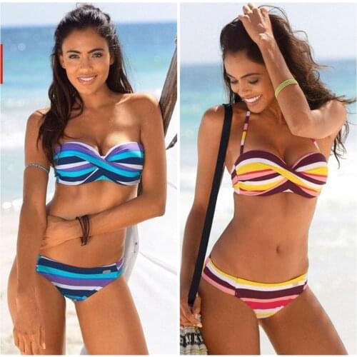 Bikinis 2021 Mujer Stripe Bandage Backless Bikini Set Push Up Swimwear Women Swimsuit Brazilian Biquini Bathing Suit Beachwear