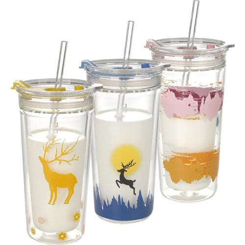 Creative Cartoon Straw Glass Lovely Home Juice Milk Cup with Cover, Double-layer Cup Wholesale