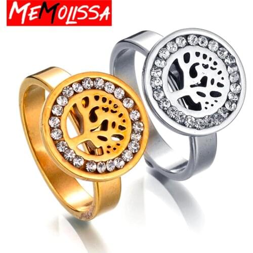MeMolissa High Quality Fashion Crystal Tree Classical Stainless Steel Rings For Women Hollow Custom Jewelry Gift