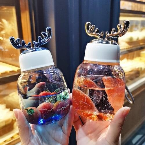 300ML Creative Starry Sky Gradient Glass Water Bottle Cute Antlers Belly Cup Portable Leakproof Student Clear Drinking Bottles
