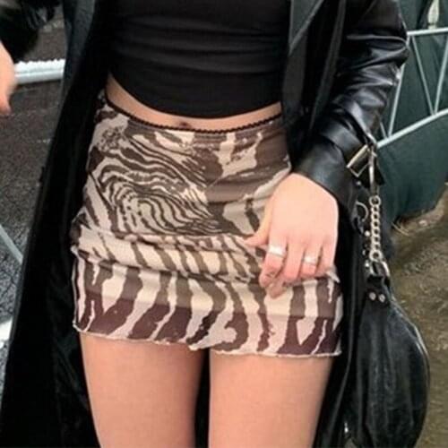 Summer Vintage Ladies Y2K Sexy Bodycon High Waist Mini Skirts Women 2021 New Harajuku Brown Skirt Mesh Tie Dye Print Streetwears