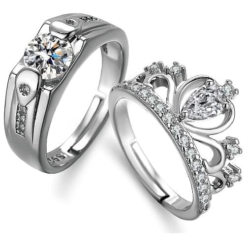 Trendy 925 Silver Jewelry Rings Crown Shape Zircon Gemstone Open Finger Ring Set for Women Men Lover Wedding Promise Party Gift