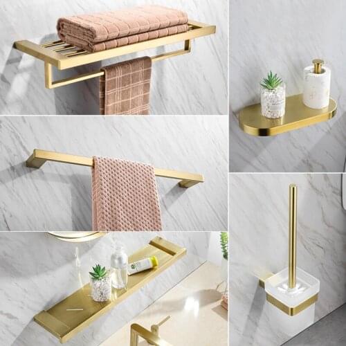 Bathroom Hardware Set Towel Rack Paper Holder Towel Bar Corner Shelf Toilet Brush holder Brushed Golden Bathroom Accessories Set