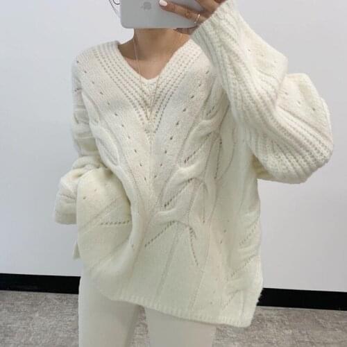 Sannian Autumn V-neck Sweter Pullover Loose Linen Pattern Solid Color Skin-friendly Long-sleeved Knit Sweater Women Clothes Tops