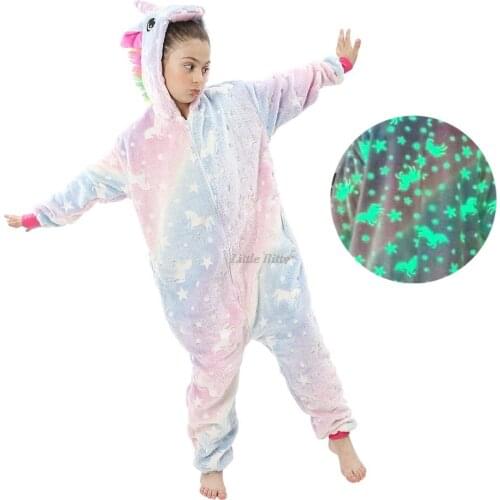 4 8 10 12Years Glow in The Dark Unicorn Kigurumi Pajamas Teen Girls Unicorn Oneise Children Pyjamas Jumpsuit Pajamas for Adults