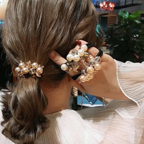 New Korea Women Crystal Hair Ropes Pearl Elastic Rubber Band for Girl Fashion Hair Accessories Hair Ties Wholesale Black Ties