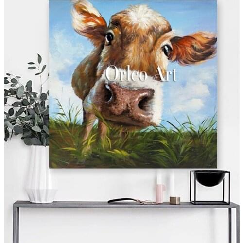 Handpainted wall oil painting of lovely cow cartoon cute cow head animal oil paintings for living room decoration