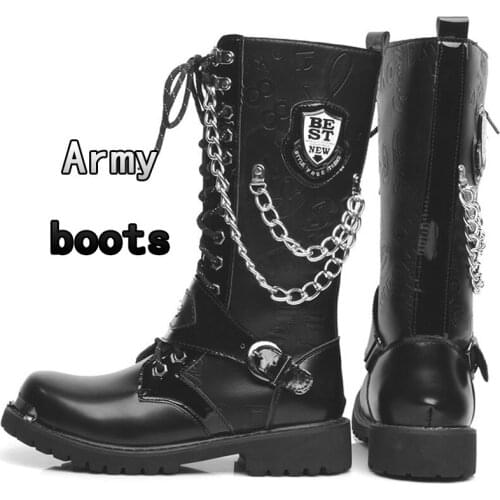 Knight boots Army Boots Men High Military Combat Men Boots Mid Calf Metal Chain Motorcycle boots Punk Boots Mens Shoes