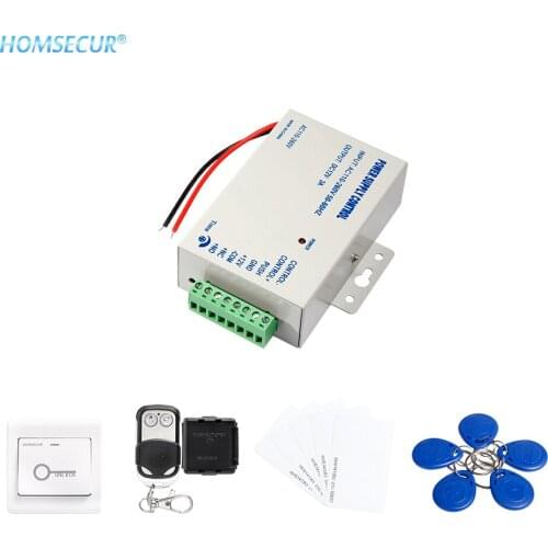 HOMSECUR DIY Door Lock Access Control System by Power Supply, Remote Controller, Exit Button, RFID Cards, RFID Keyfobs