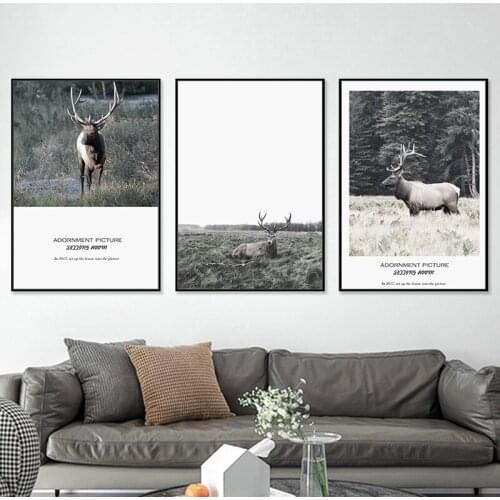 Nordic Natural Landscape Forest Tree Ring Animal Deer Elk Canvas Painting Wall Frameless Picture Poster Living Room Decoration
