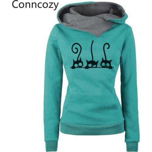 Cartoon Cat Print Sweatshirts Long Sleeve Fleece Hoodies Women Sweatshirt Autumn Winter Pullover Street Turn Down Hooded Hoodie
