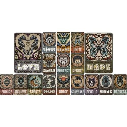 Vintage Metal Plates of Abstract Animal Symbol Spirit Dolphin Wolf Butterfly Hope Love Believe for Art Wall Home Decor Poster