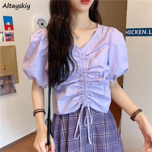 Women Blouse Puff Short Sleeve Korean Style Tops Elegant Colorful Leisure Chic Summer V-neck Shirring Female Clothing Cropped