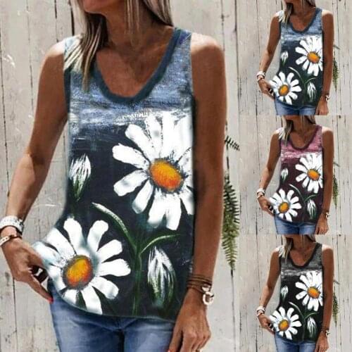 2021 New Fashion Hot Sale Chrysanthemum Print Round Neck Womens Casual Loose Sleeveless T-Shirt Top Women Clothing