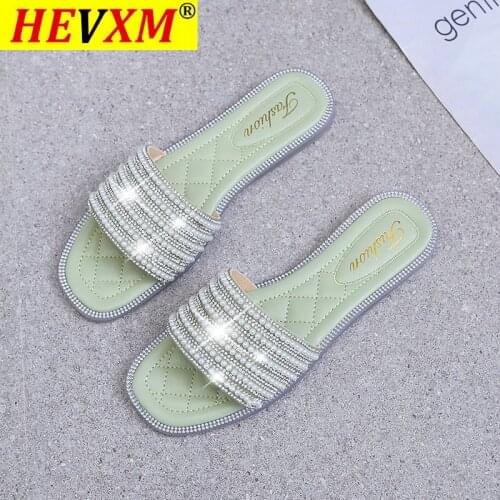 2021 New Women Crystal Sparkly Slippers Female Black Womens Fashion Summer Beach Slippers Ladies Casual Flats Shoes Plus Size