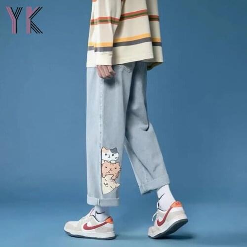 Women Blue Denim Jeans Cartoon Wide leg Pants for Women Jeans 2021 Summer Spring Women Straight Pants Female Trousers Streetwear
