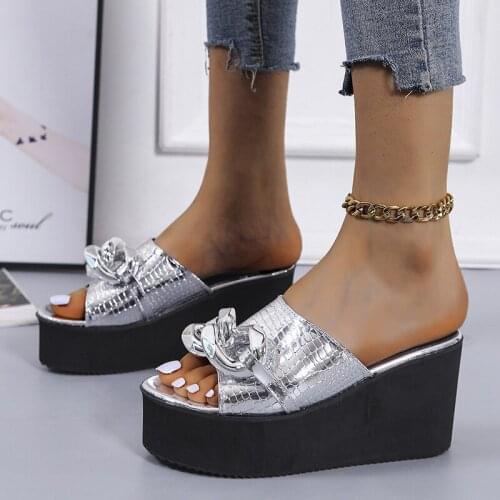 SUNNYS Womens Chunky shoes Peep Toe High Heel Sandals Gold Silver Chain Platform Wedges Slippers Platform Beach Slides Zapatos